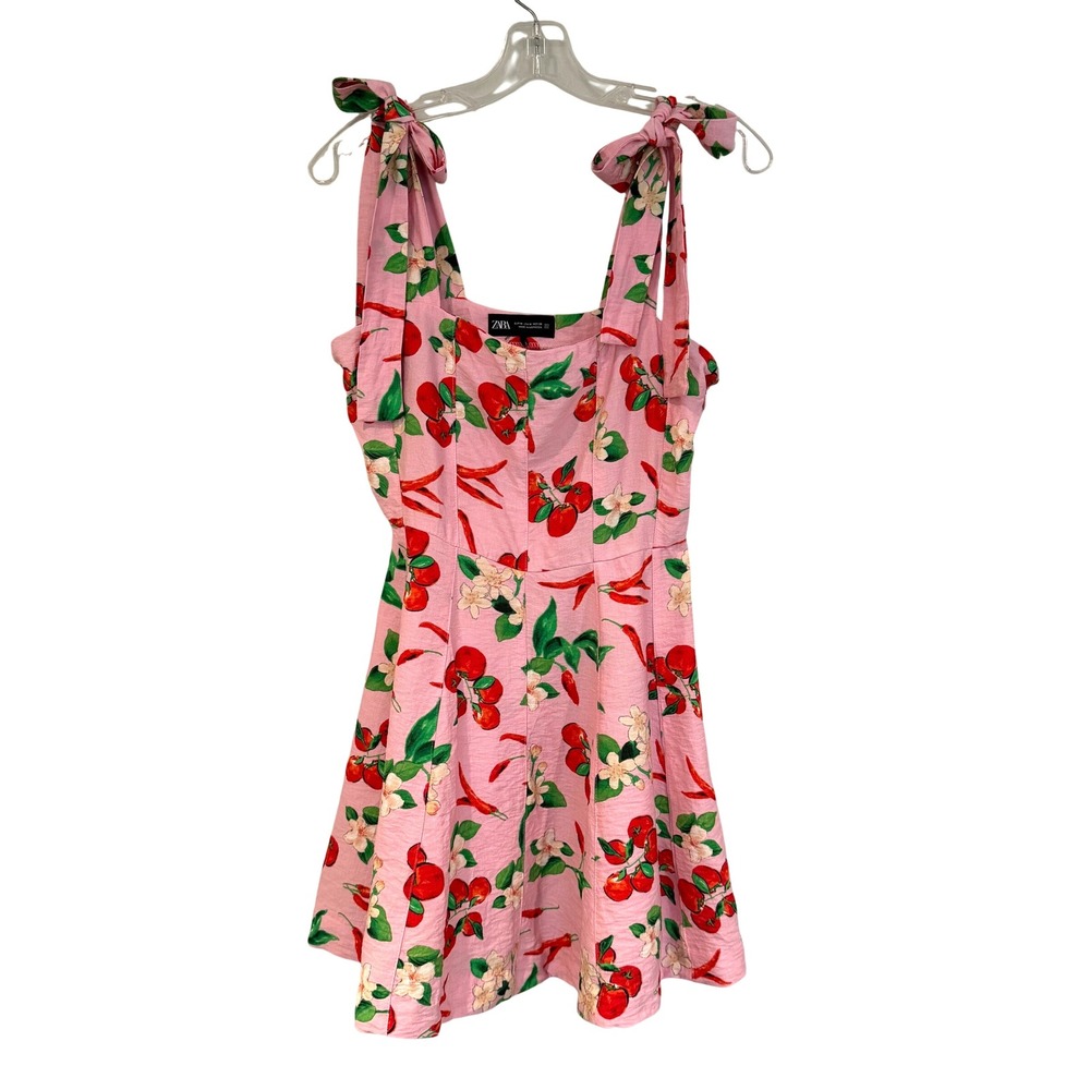 ZARA Cherry Print Tie Shoulder Mini Dress Womens Medium Pink Coquette Dainty Y2K - Picture 7 of 15
